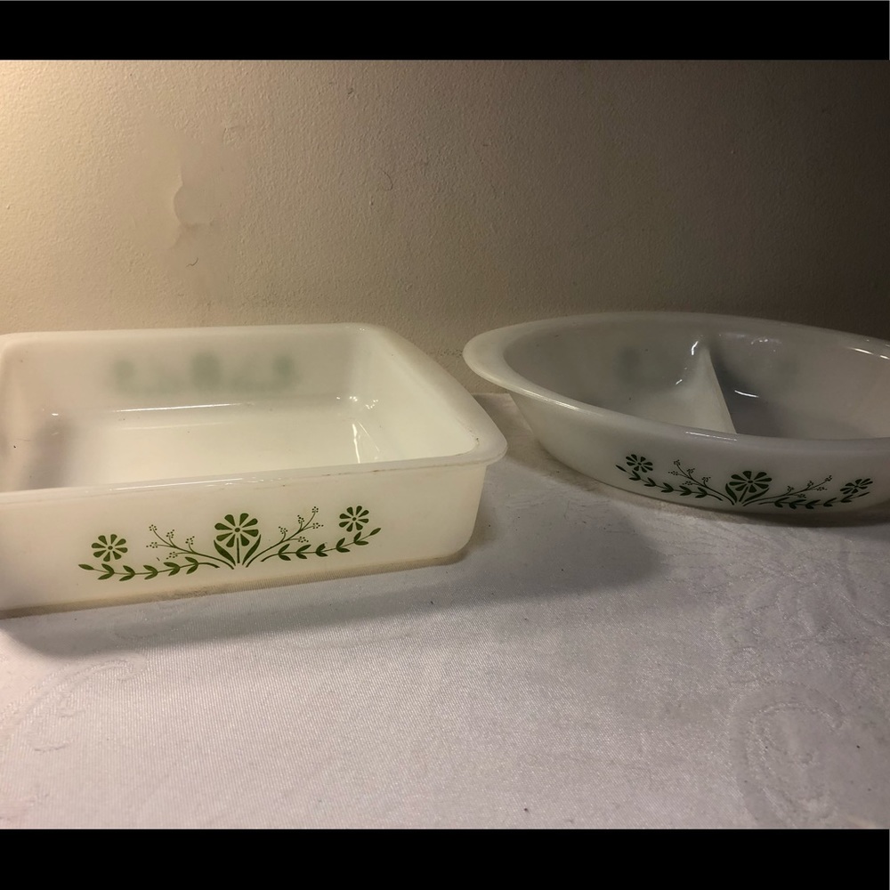 Vintage 1970's Glasbake Green Daisy Divided Split Casserole and 8x8 dish